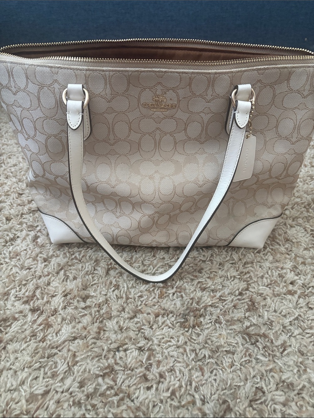 Coach Signature Tote in Chalk and Khaki with White Trim